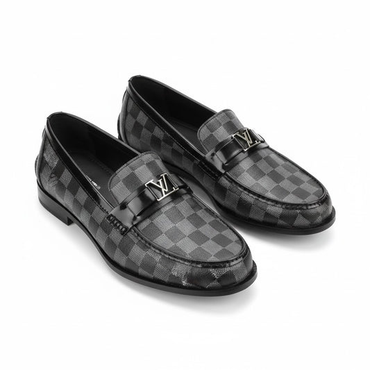 Luxury Black Checkered Leather Loafers with Metal Accent