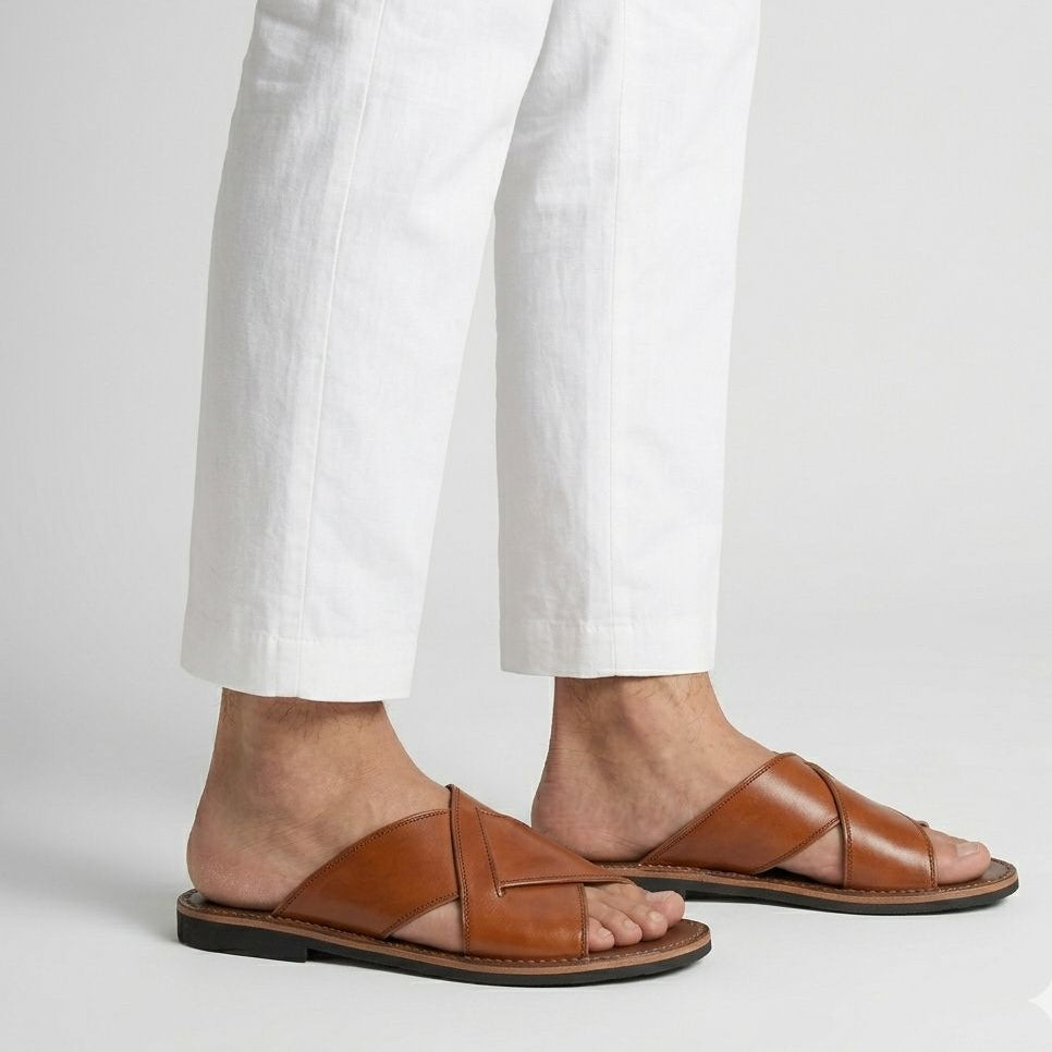 Premium Brown Cross-Strap Leather Slippers