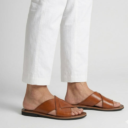 Premium Brown Cross-Strap Leather Slippers