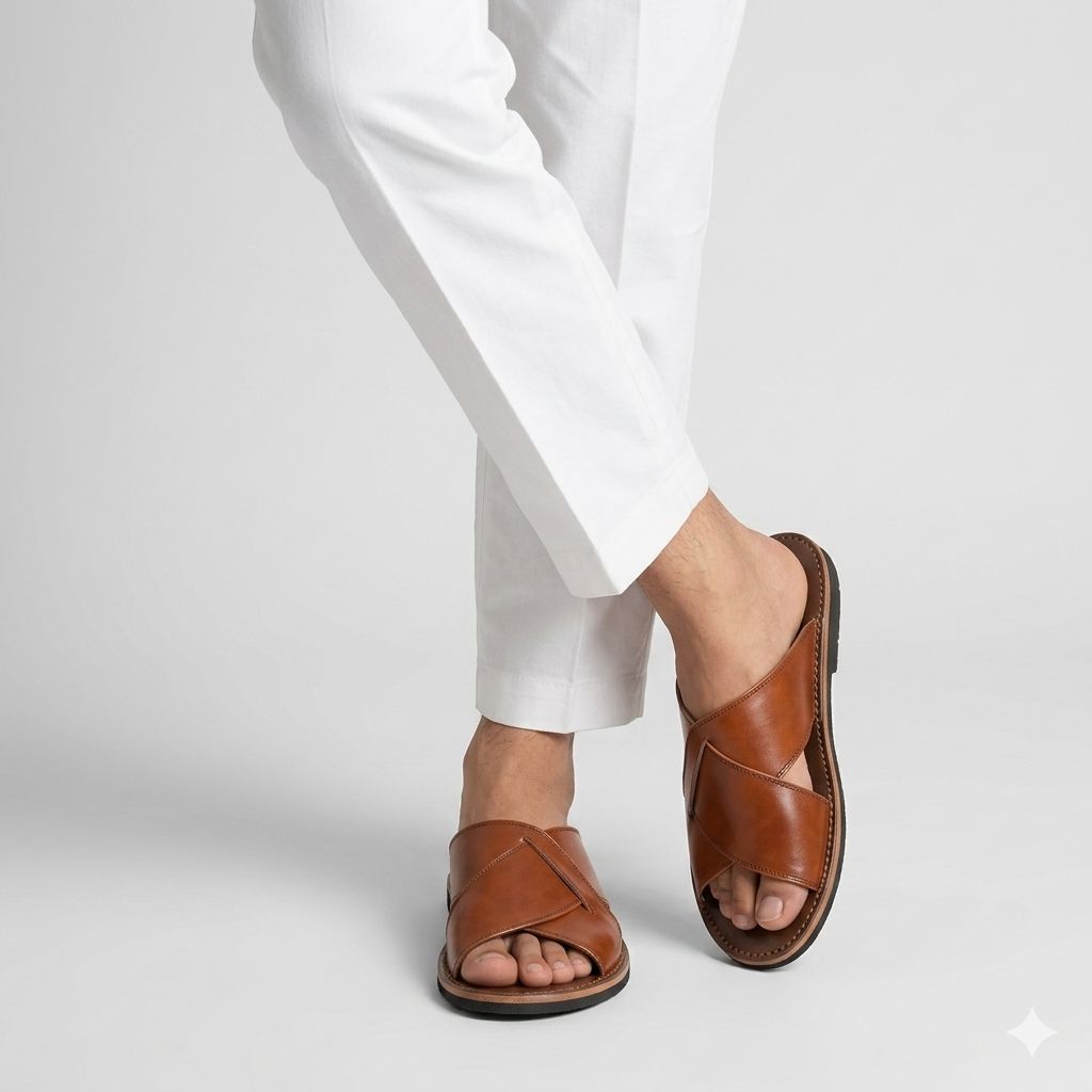 Premium Brown Cross-Strap Leather Slippers