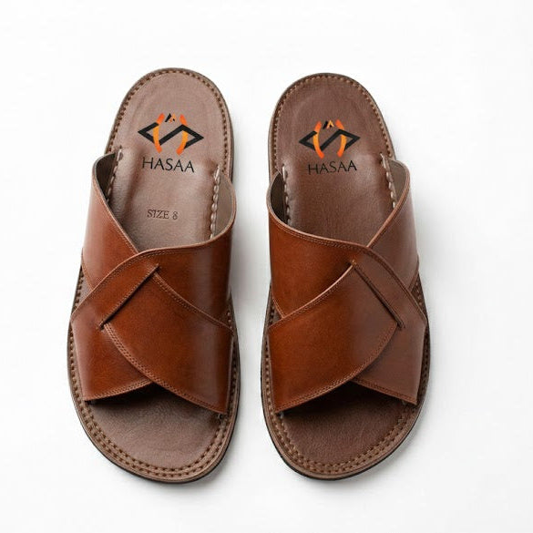 Premium Brown Cross-Strap Leather Slippers
