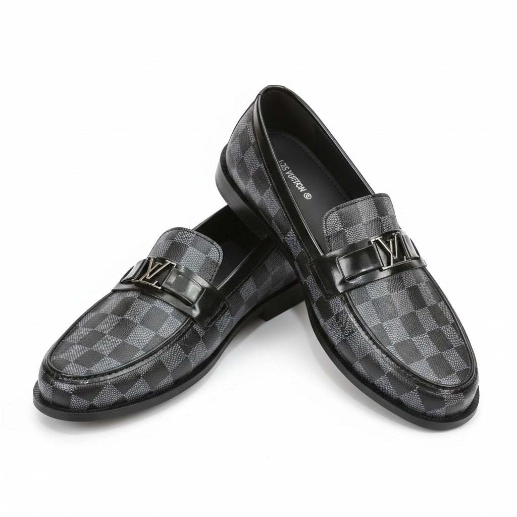 Luxury Black Checkered Leather Loafers with Metal Accent