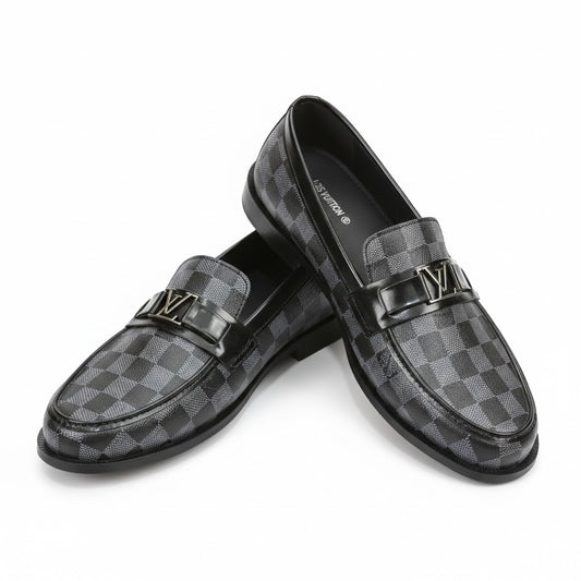 Luxury Black Checkered Leather Loafers with Metal Accent